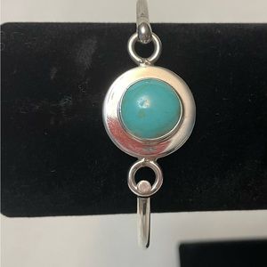 Vintage 925 Mexico Bangle Bracelet, Hook Closure and Turquoise Stone, 7”